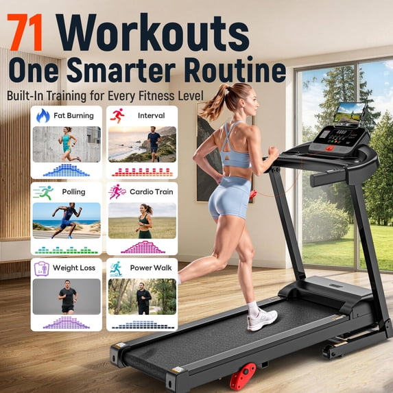 OXIBYPU 3.7HP Motor Folding Treadmill for Home with Incline, 300 lbs Capacity Exercise Treadmill, 7.5 MPH Speed, 10-Level Manual Incline, 71 Programs Smart APP Control, Portable Walking Running Machine
