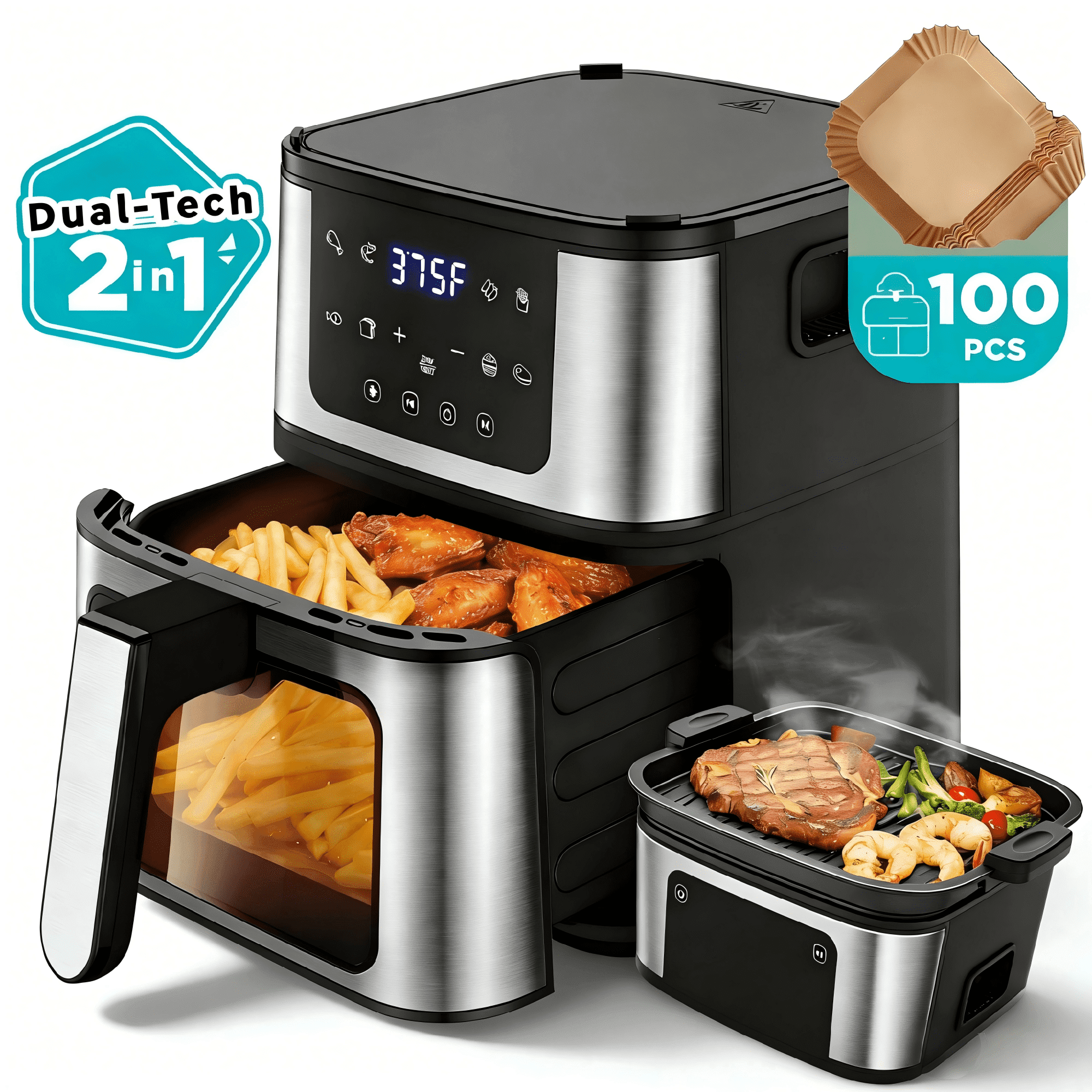 AQUGOKS 8-in-1 Air Fryer+ Grill Plate 7.5 Qt, Premium Ceramic Coating, 160°–400°F, Precise Heating for Even Results, Air Fry, Roast, Bake, Broil, Dry, Frozen, Reheat, Keep Warm, 120V, Black
