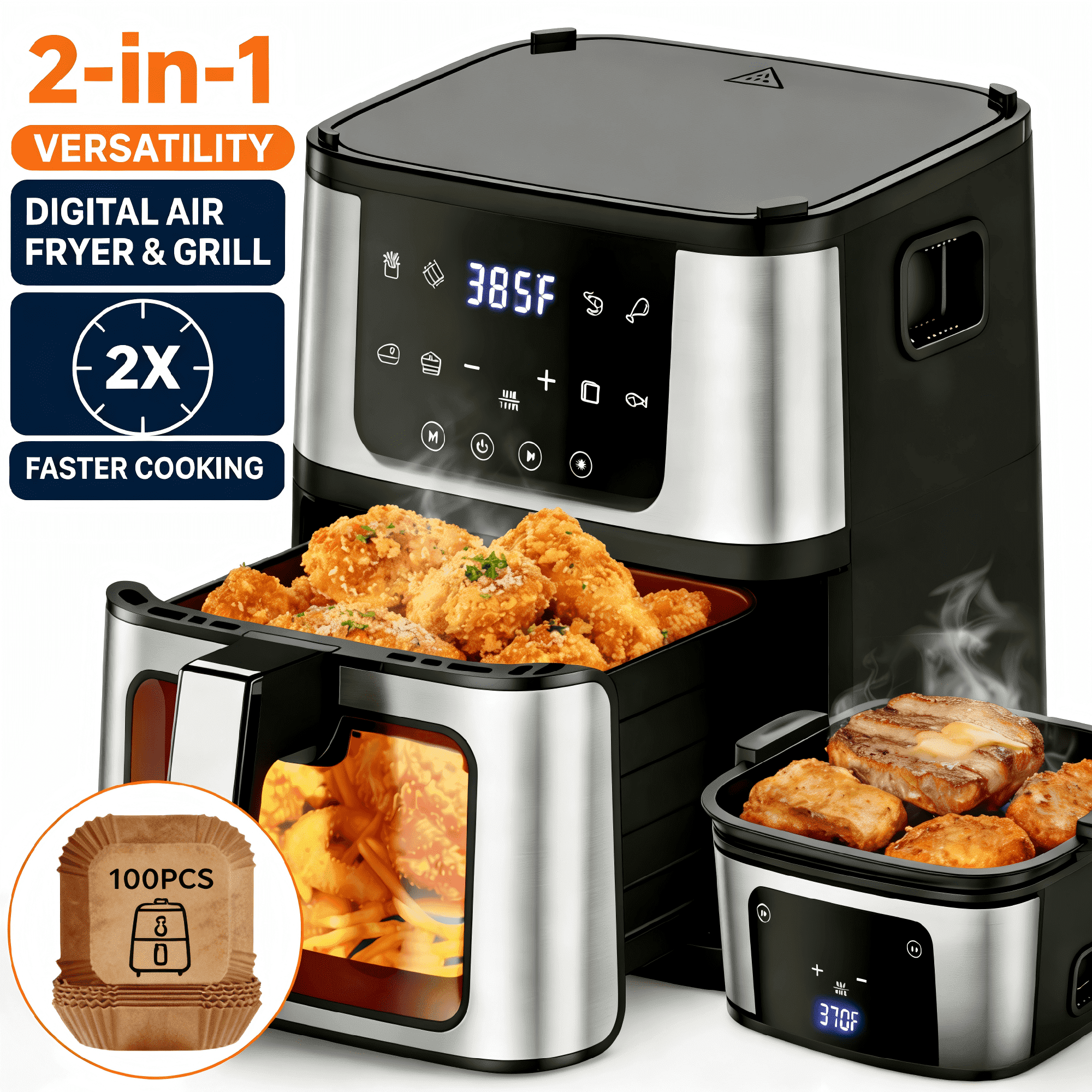 AQUGOKS 8-in-1 Air Fryer, Grill Plate/Air Fryer Mode,7.5Qt Air Fryers with Digital LED Touch Screen,8 Preset Cookings,95% Less Oil, 100Pcs Liner