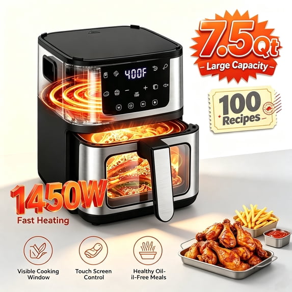 OXIBYPU 8-in-1 Air Fryer Oven with Grill Plate - 7.5QT Large Capacity,Easy View Window, 1450W Precise Heating, Air Fry, Reheat, Roast, Bake, LED Smart Touchscreen, Non-stick Dishwasher-Safe Basket