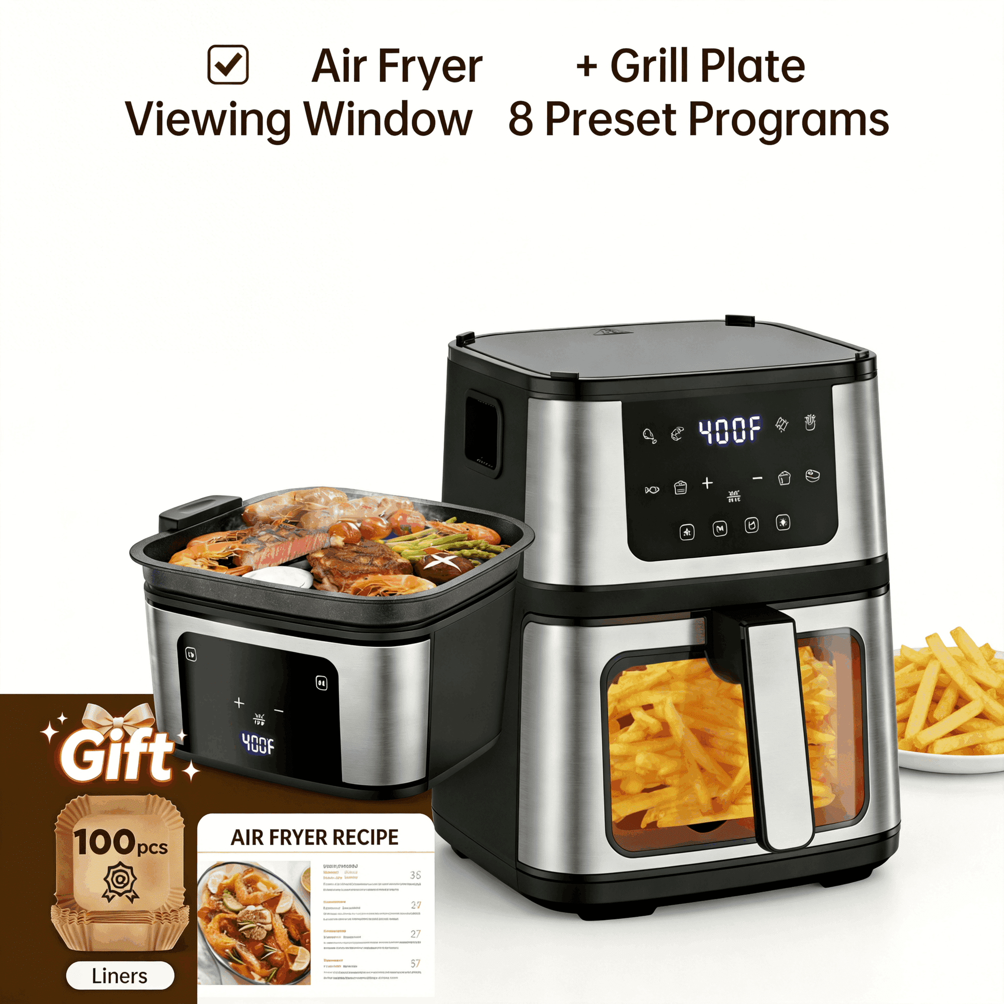 FaayFian 8-in-1 Air Fryer Oven with 100 Disposable Liners, 7.5QT Capacity, Digital Touch Panel & 8 Preset Menus for Easy Cooking
