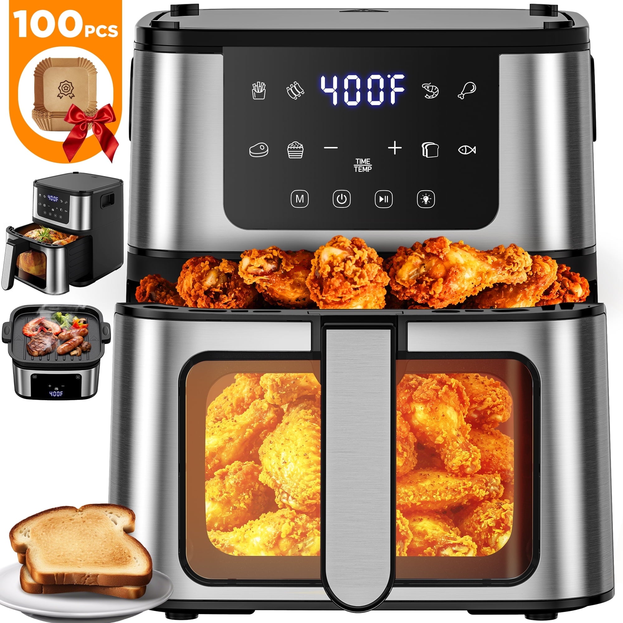 Qvamodo 8-in-1 Digital Air Fryer Oven with Grill Pan & 100 Air Fryer Liners, 7Qt Large Capacity Air Fryer for Family Meals, LED Touch Screen, 8 Presets, 95% Less Oil, Healthy Cooking for Frozen Food