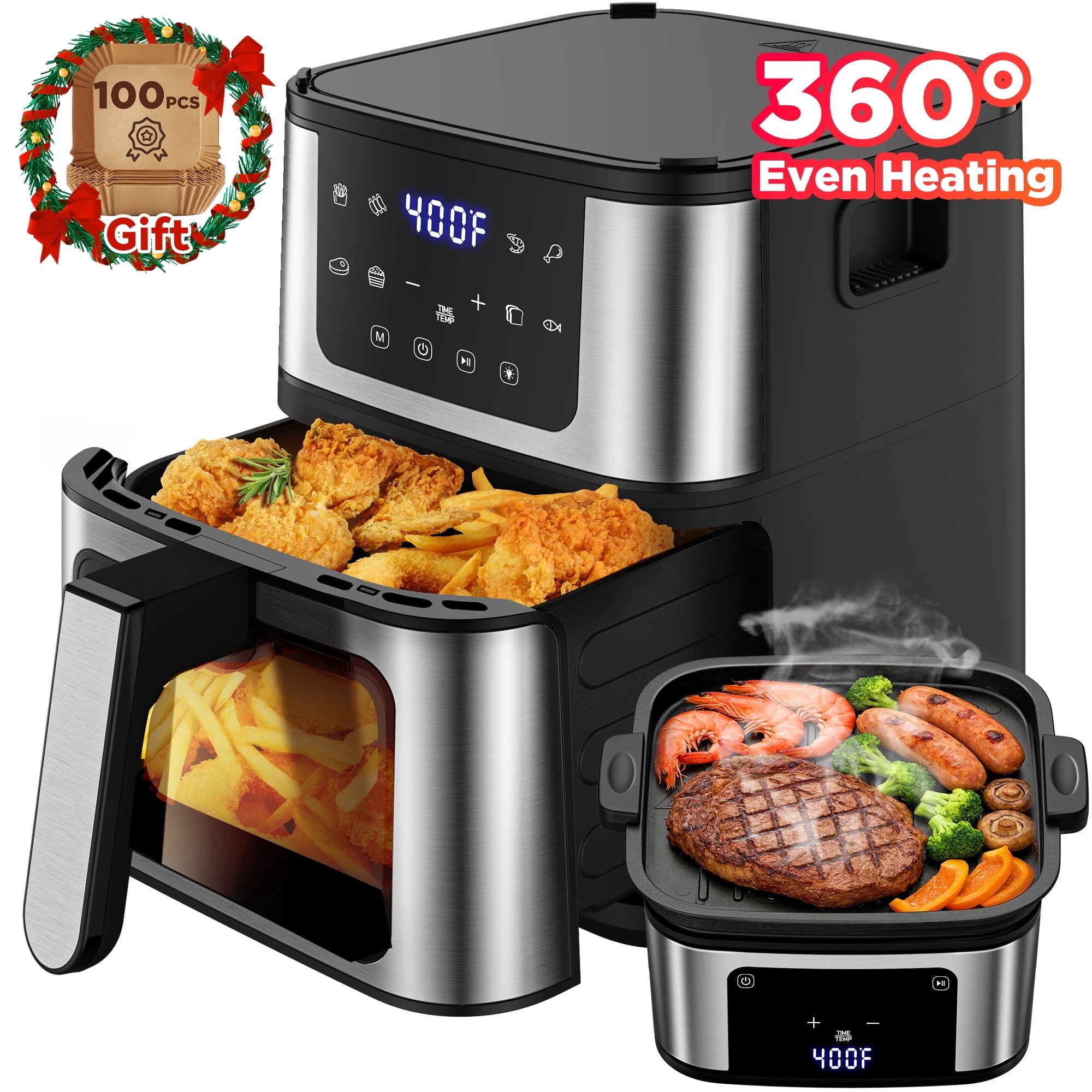 Qvamodo 8-in-1 Digital Air Fryer Oven with Grill Pan & 100 Air Fryer Liners, 7.5Qt Large Capacity Air Fryer for Family Meals, LED Touch Screen, 8 Presets, 95% Less Oil, Healthy Cooking for Frozen Food
