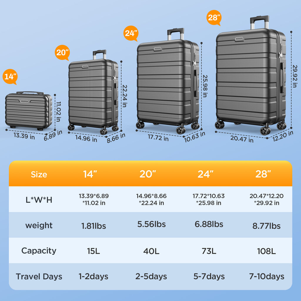AQUGOKS 11 Piece Luggage Sets & Packing Cubes, Hardshell Suitcases Travel Luggage with Wheels, Carry On Luggage & Checked Luggage, ABS Suitcase Set, Black