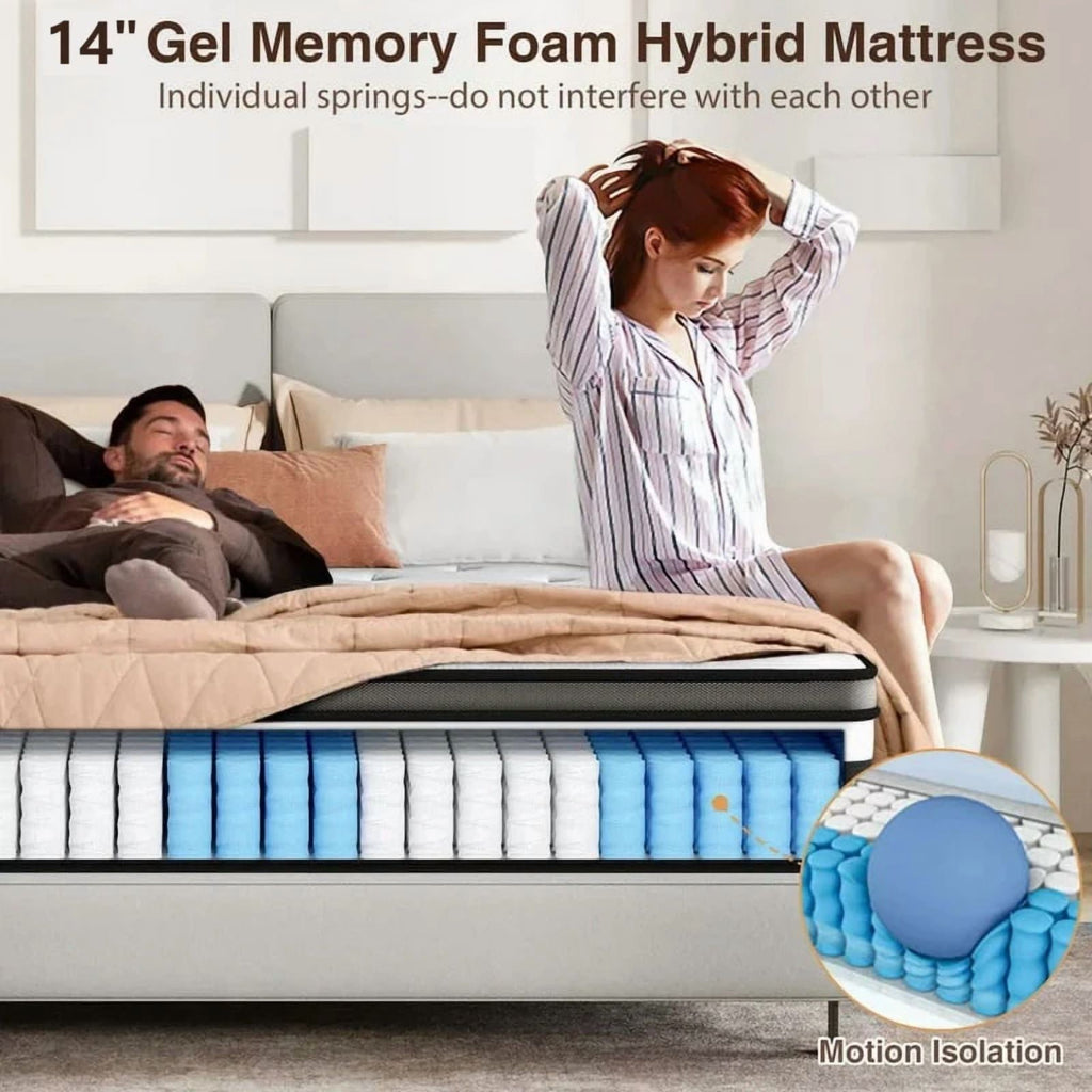 FaayFian King Size 14 Inch Hybrid Mattress in a Box, Cooling Gel Memory Foam & Pocket Springs, Medium Firm Bed, Motion Isolation, CertiPUR-US Certified