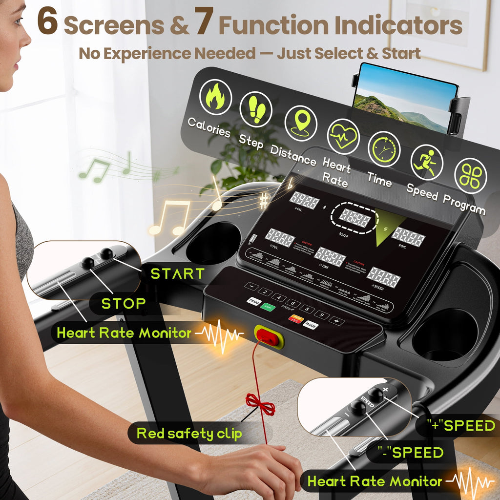 ODYAAZ Electric Folding Treadmill for Home with Adjustable Incline & APP, 9MPH Speed, 330lbs, HiFi Bluetooth Speakers, 3.75HP Foldable Compact Treadmill Walking Running Machine