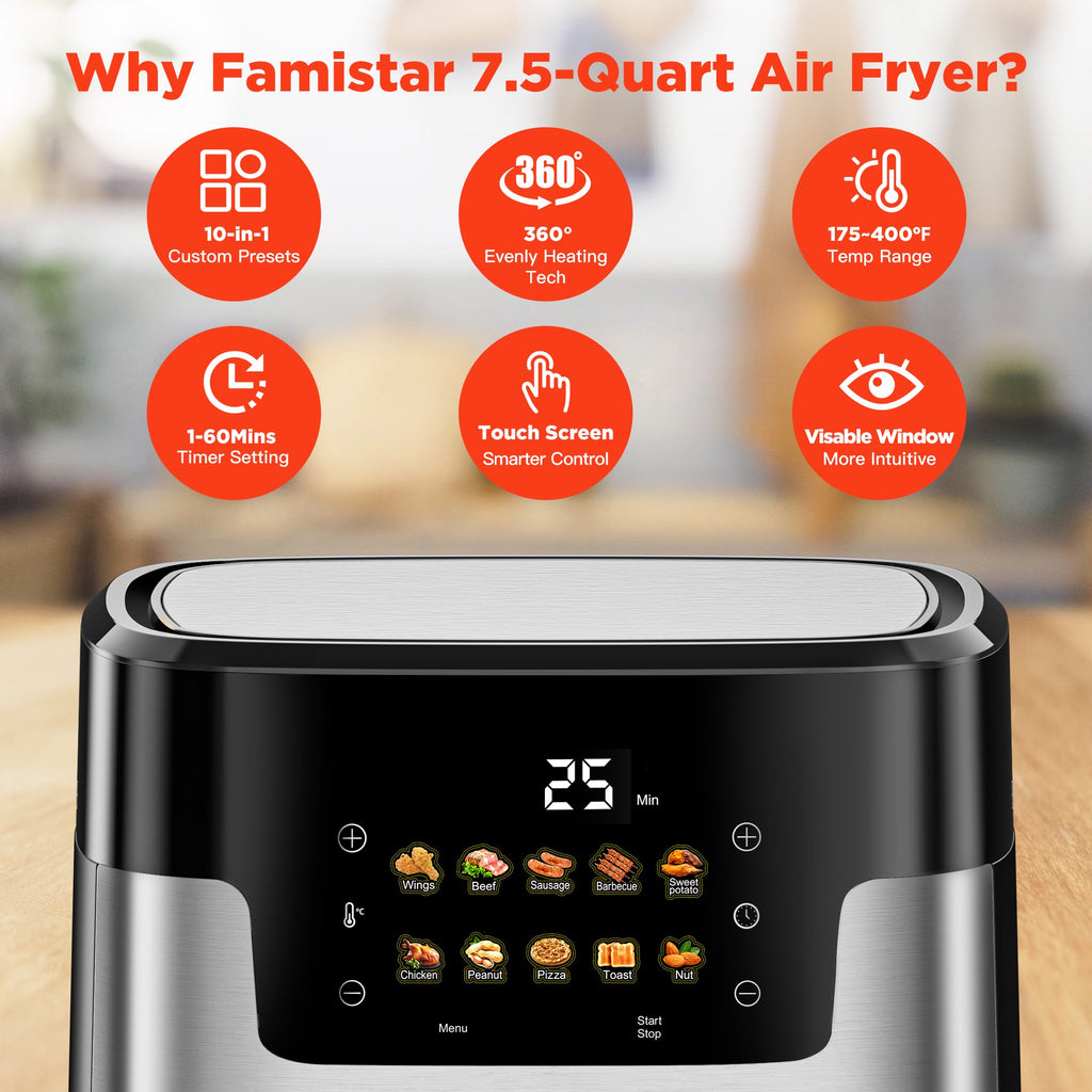 Famistar Air Fryer Oven 10 Preset Cookings, Portable Air Fryer w/ Large 7.5 QT, Touch Screen, Dishwasher-Safe W/100 Pcs Liners