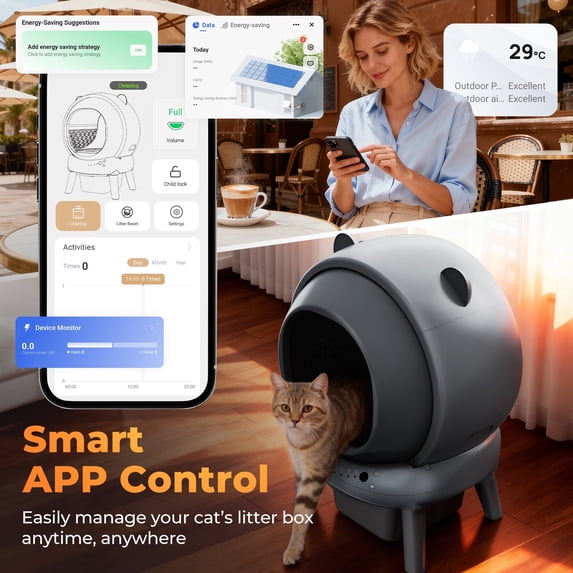 Qvamodo Self Cleaning Cat Litter Box, Automatic Cat Litter Box with App Control, 100L Large Capacity, 8 Safety Sensors, Low Noise 35dB, Smart Litter Box for Multiple Cats