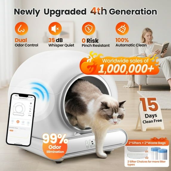 Famistar Automatic Cat Litter Box Self Cleaning, 65+9L Large Litter Box with Liner, Odor Removal, 2.4G WiFi APP Control/Integrated Safety Protection, 2 Sifters Included