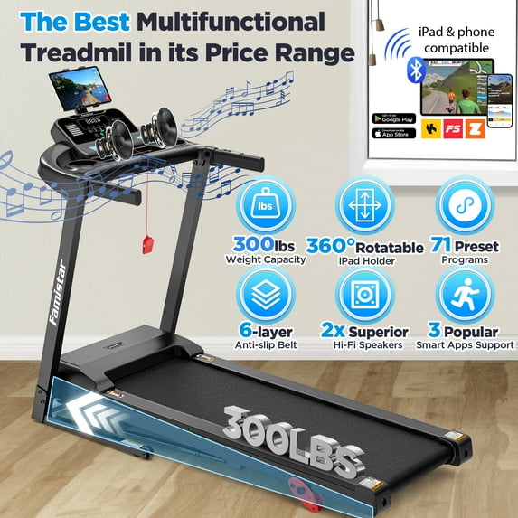 Famistar Treadmill for Home, Portable Folding Electric Exercise Treadmill with Adjustable Incline, APP Control, 64 Programs, 300 lb Capacity, 7.5MPH, Bluetooth Speakers, Running Walking Jogging, 12/23 Update