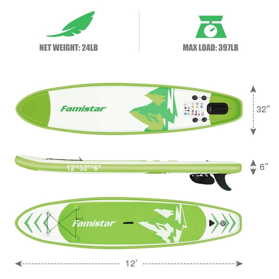 Famistar 12' Inflatable Stand Up Paddle Board SUP w/ 3 Fins, Adjustable Paddle, Pump & Carrying Backpack