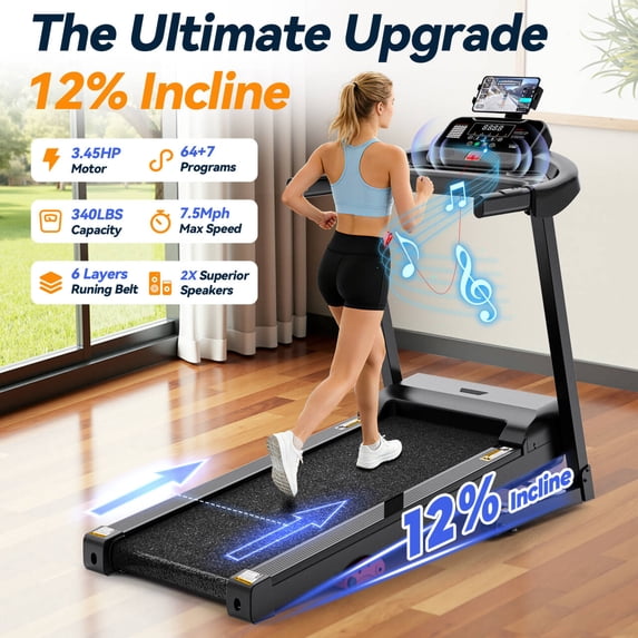 Famistar 12% Incline Treadmill with Handle, 3.45HP Portable Treadmills for Home, Foldable Treadmills with 340 LBS Capacity, 3-in-1 Quiet Walking Pad Treadmill, 70+1 Programs, APP Control, Knee Gifts