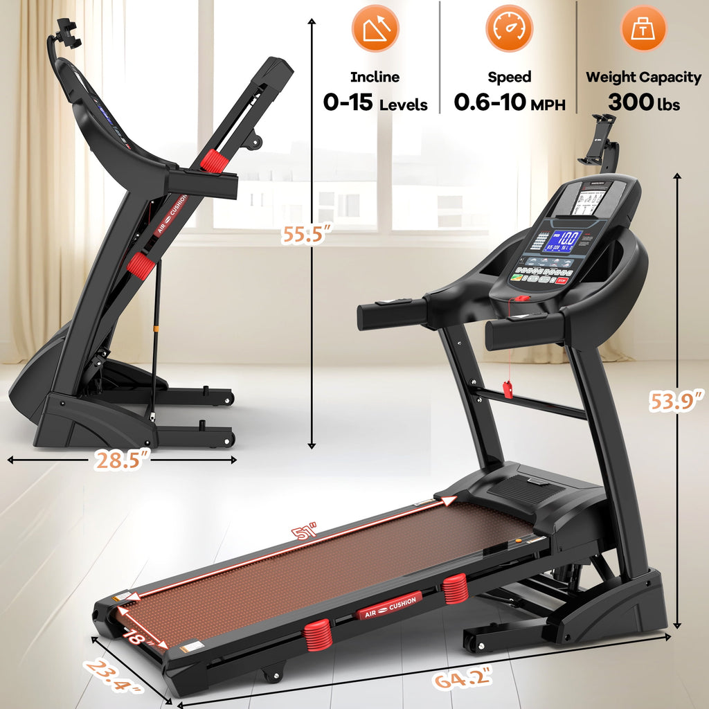 FaayFian 15 % Auto Incline Treadmill, 5.05HP Foldable Treadmill for Home 300Lbs Capacity, Interactive Workouts Via App, 64+7 Programs, Thickened Dual-layer Deck, Portable Treadmill Machine for Walking Running