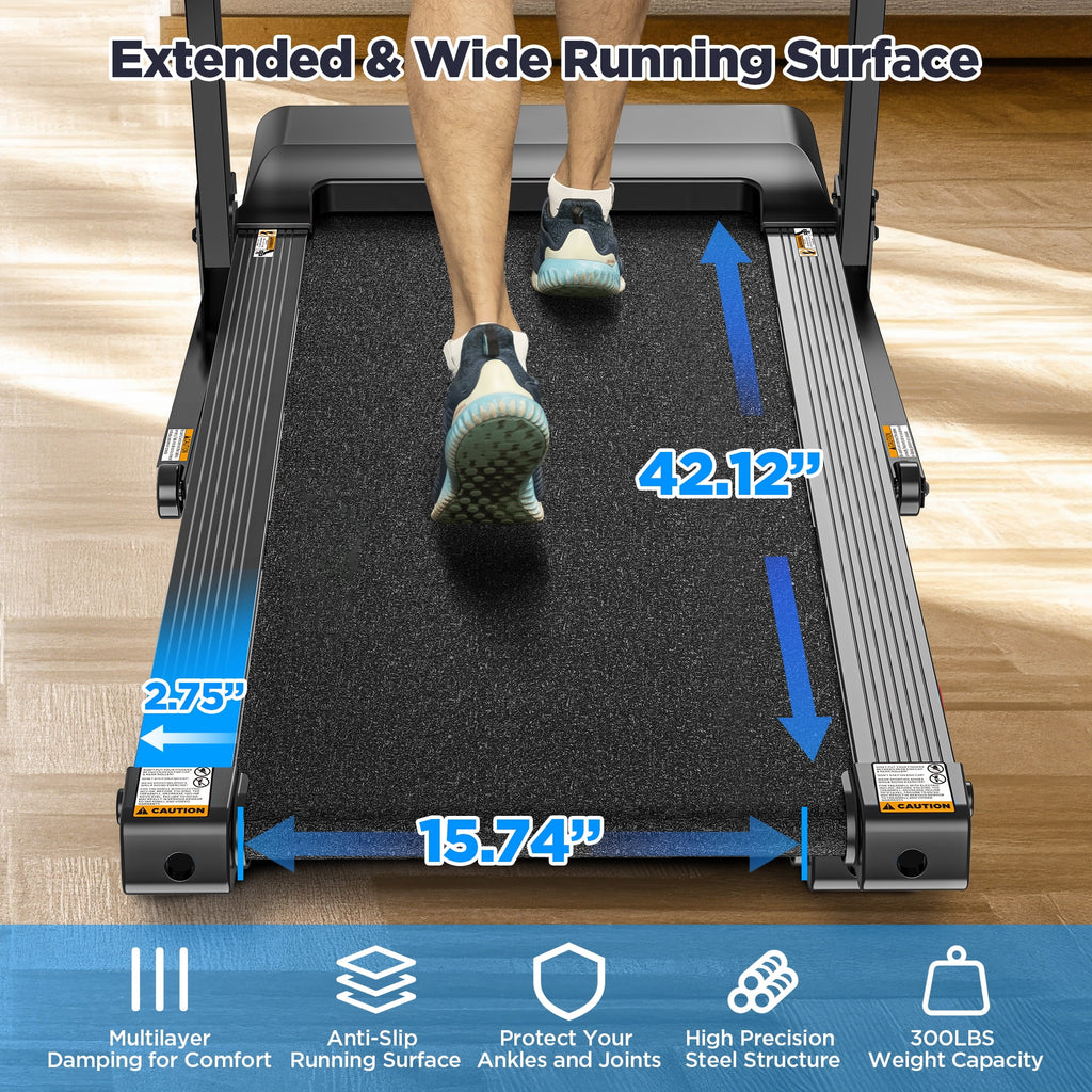 Qvamodo 300LBS Capacity Folding Treadmill w/ Incline for Home, 3.75HP Portable Treadmill, 64+3+3+1 Program, Wide Shock Absorption Belt, Walking Running Exercise Machine