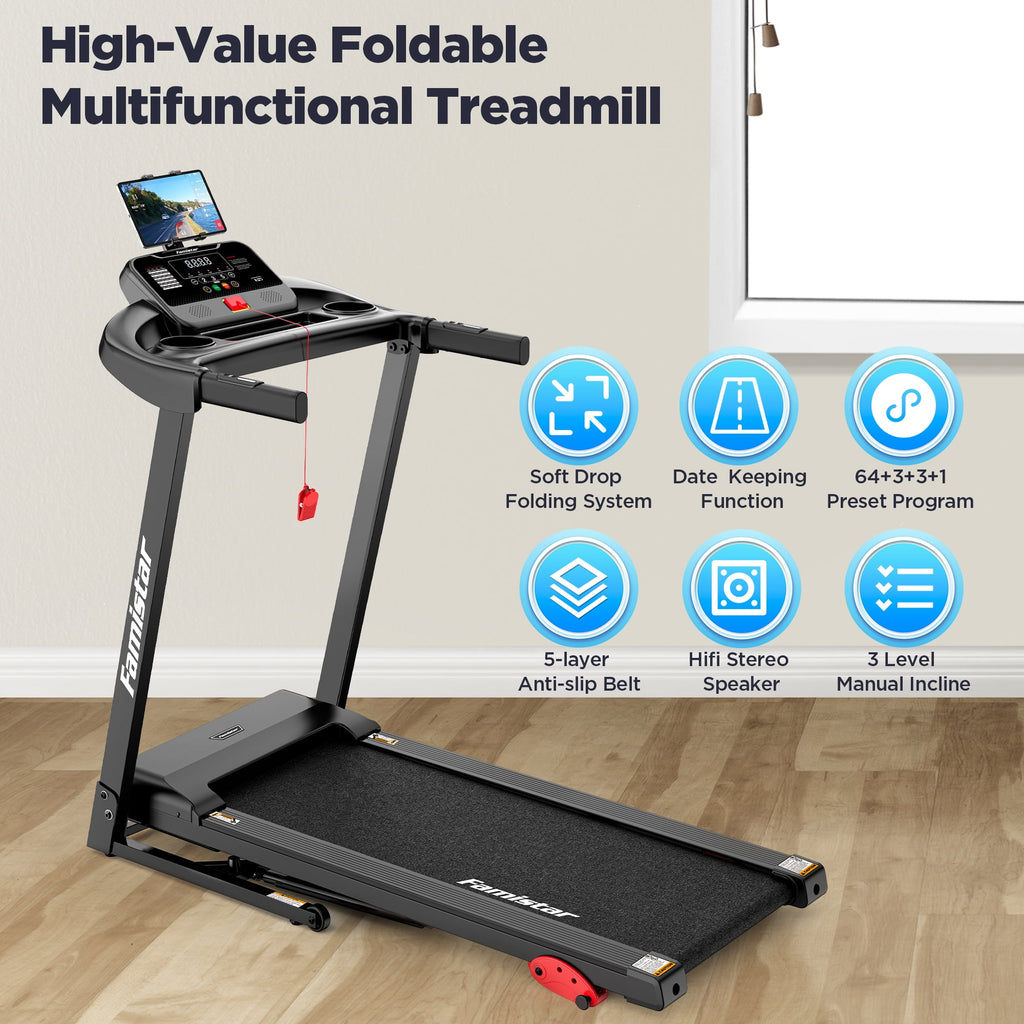 Famistar Electric Folding Treadmill for Home with Adjustable Incline & APP, 7.5MPH Speed, 301lbs, HiFi Bluetooth Speakers, 3.0HP Foldable Compact Treadmill Walking Running Machine