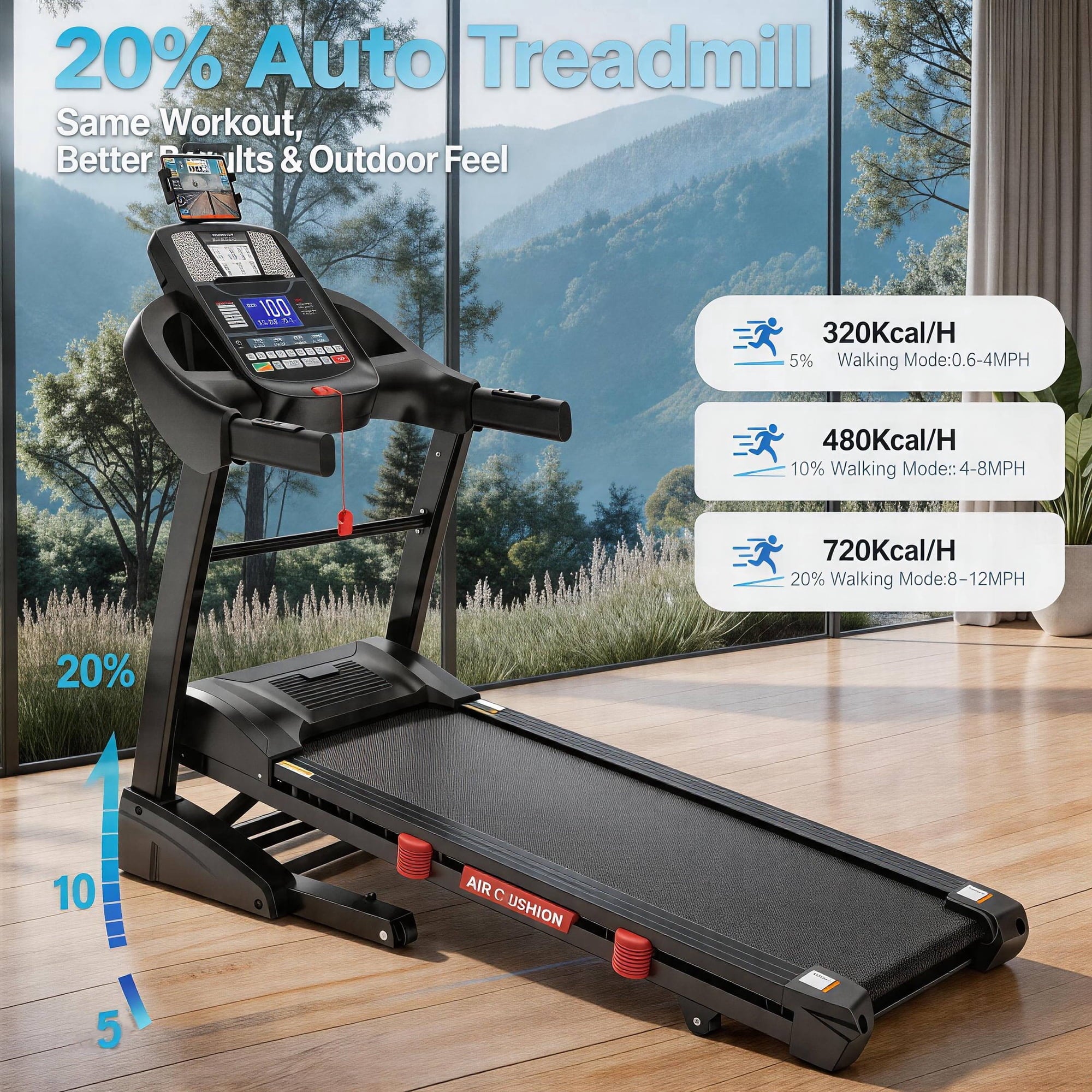 WNANEEZ 5HP Foldable Treadmill for Home, Treadmill with 20% Auto Incline Exercise Treadmill, APP Control, 400 lbs Capacity, 12 MPH Walking Running Machine for Small Space, 71 Programs, Bonus Knee Strap