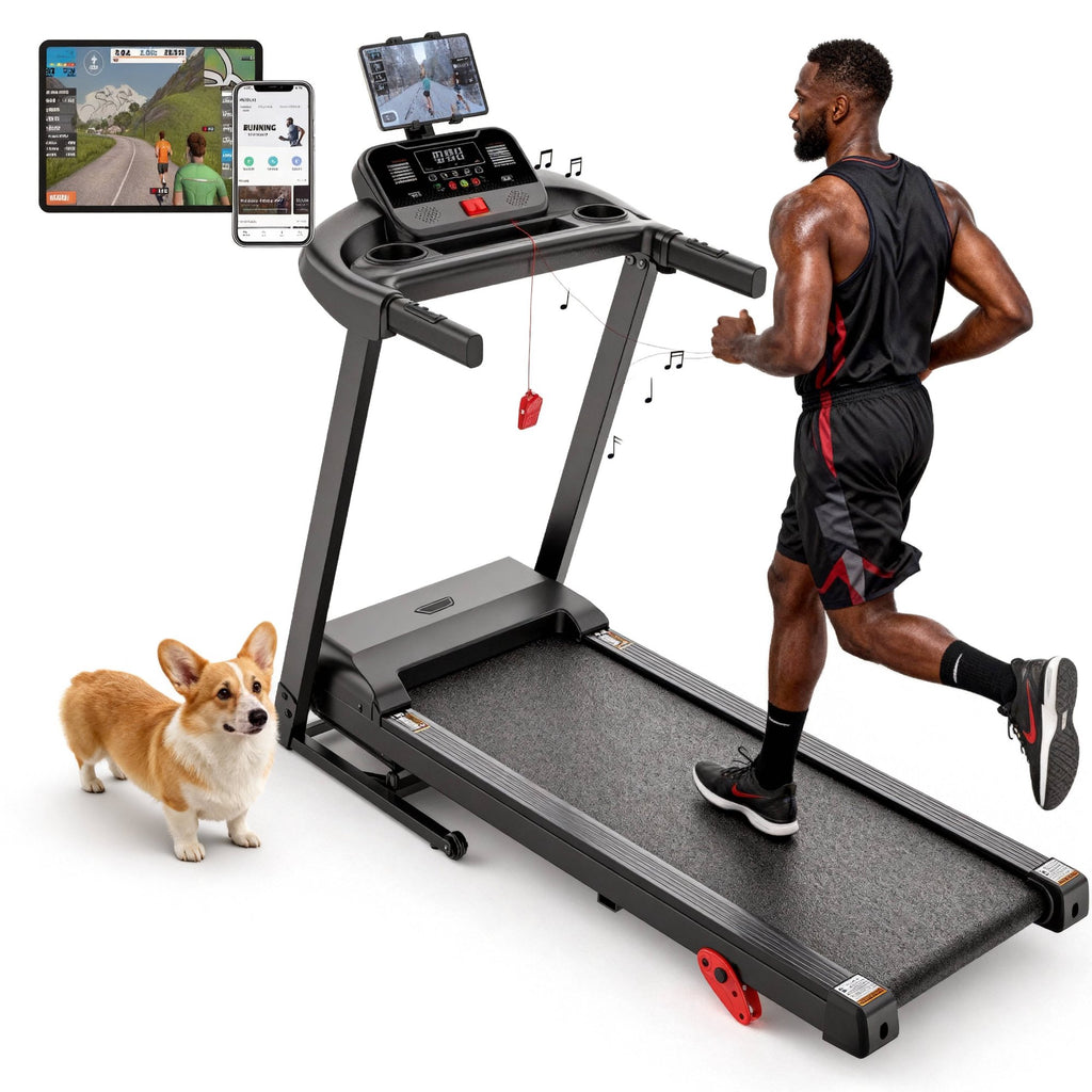 Qvamodo 9% Incline Treadmill with Handle, 3.0HP Portable Folding Treadmills for Home/Office, 300 Lbs Capacity, 71 Programs, Free Courses&APP Control, LED Display,7.5MPH, Running Walking Jogging