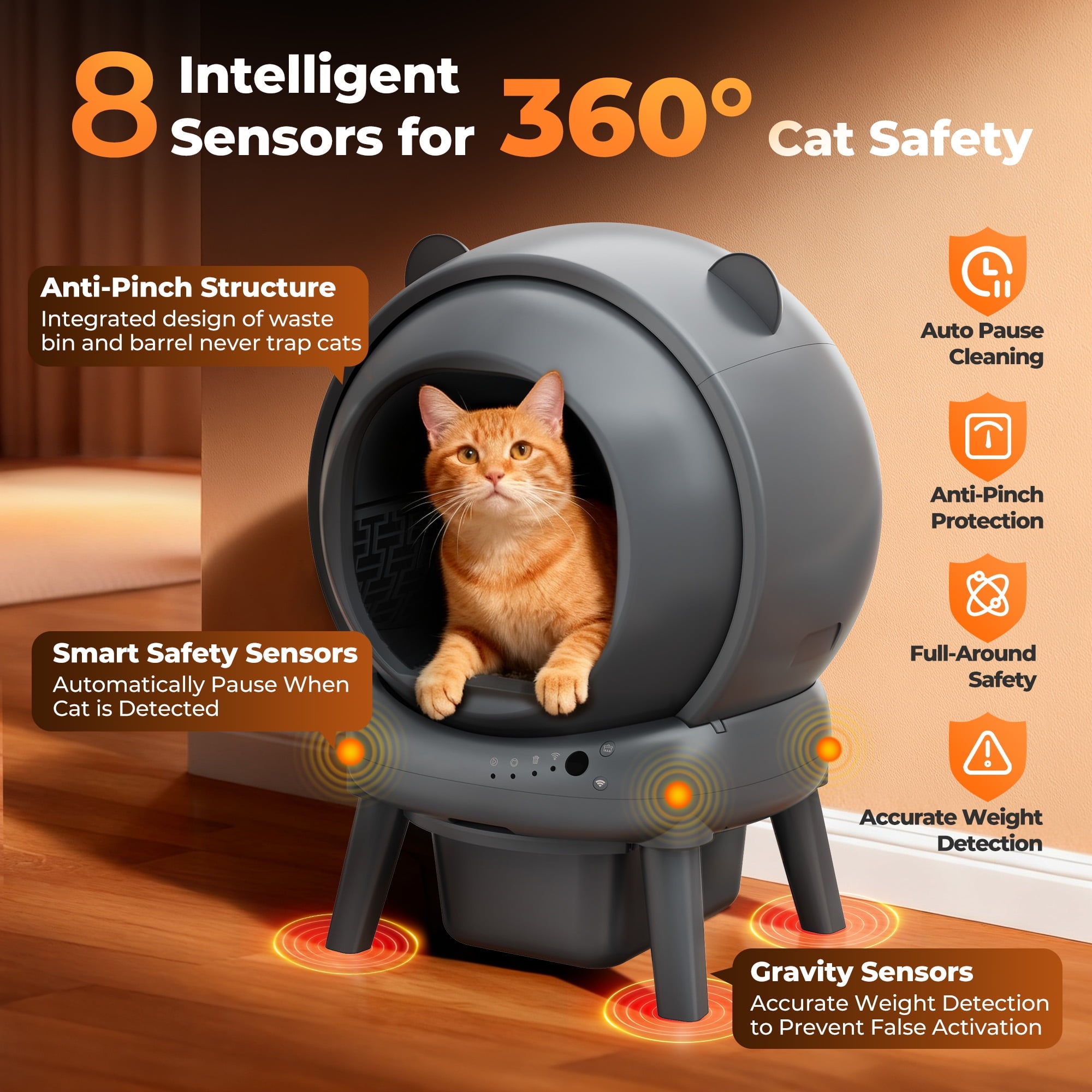 Campmoy Self Cleaning Cat Litter Box,Automatic Litter Box Self Cleaning, 100L Large Capacity for Multiple Cats w/ APP Control, 8 Safety Protection, Odor Removal,1*Mat and 2 Roll Bags