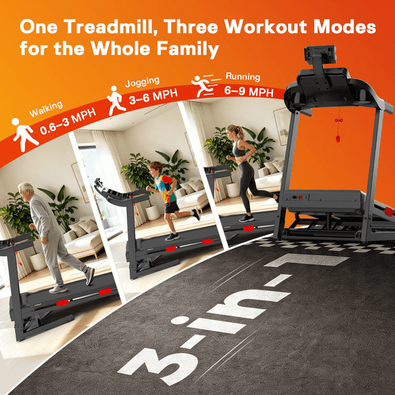 Qvamodo 3.8HP Quiet Folding Home Treadmill, 15 Level Auto Incline, 330 lbs Capacity, 9 MPH Speed Compact Running Machine for Apartment Office Daily Cardio