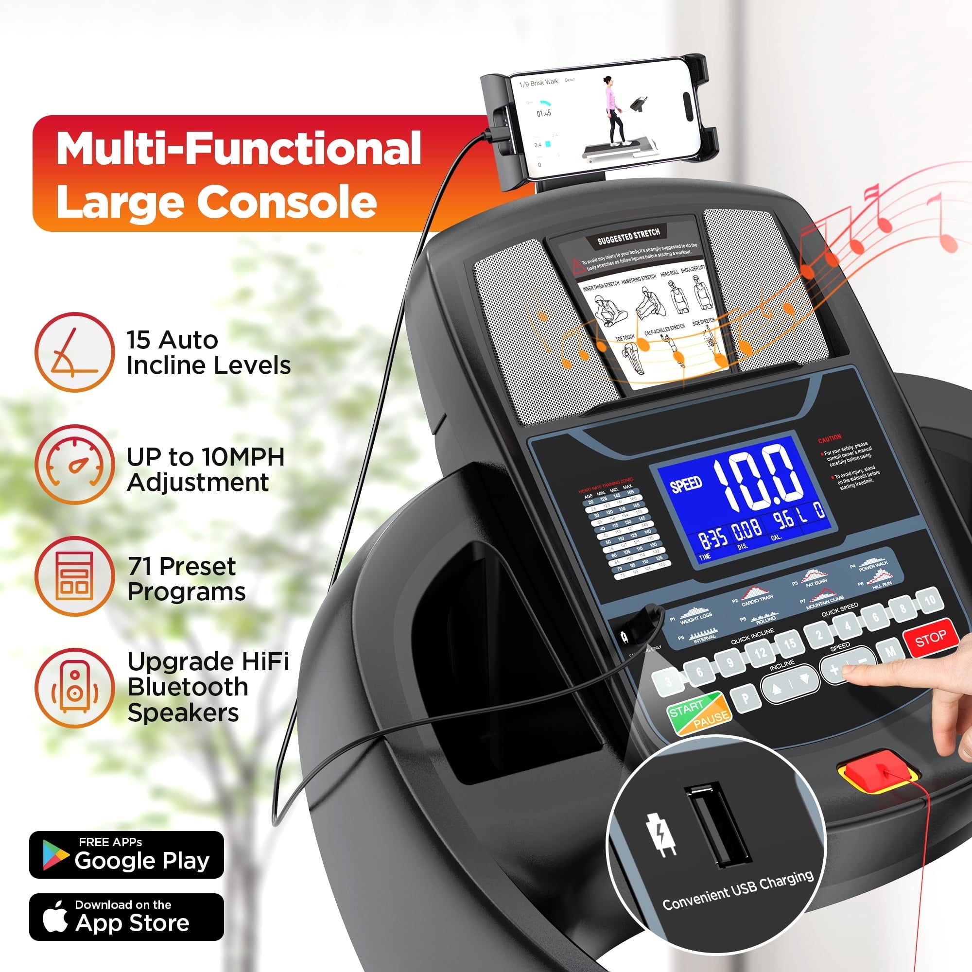 FaayFian 15 % Auto Incline Treadmill, 5.05HP Foldable Treadmill for Home 300Lbs Capacity, Interactive Workouts Via App, 64+7 Programs, Thickened Dual-layer Deck, Portable Treadmill Machine for Walking Running