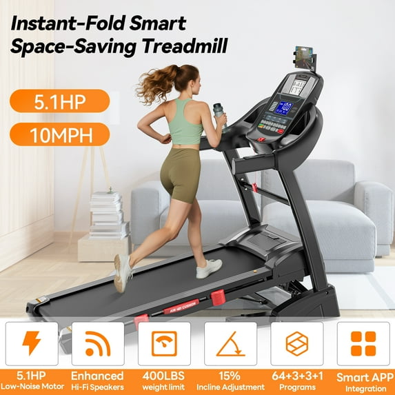 Campmoy 15% Auto Incline Treadmill, 4.95HP Folding treadmill 300-400lb Capacity, 71 Smart Program, 10MPH Fast Speed, APP Control for Personalized Workout, Jogging Walking Home Treadmill w/ HiFi Speakers