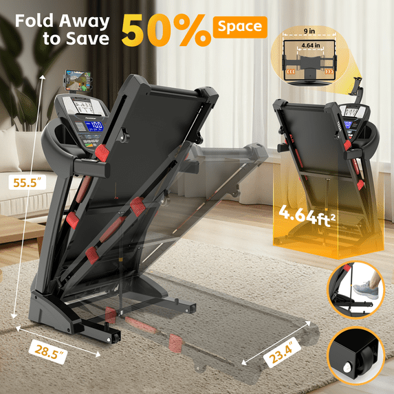 FaayFian Auto Incline Treadmill for Home, 5.1HP Folding Treadmill 400lbs Capacity, 0.6-12MPH, 64Programs, APP Control, Shock Absorption, Home&Office