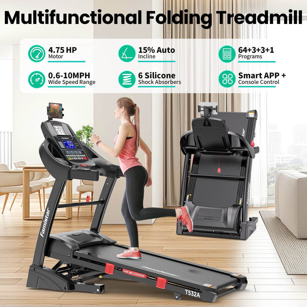 ODYAAZ 10MPH Folding Treadmill w/ 15% Auto Incline, 300lb Capacity, Treadmill for Home Portable Foldable Exercise Equipment Running Walking Machine, APP Control, 64 Programs, HiFi Bluetooth Speakers