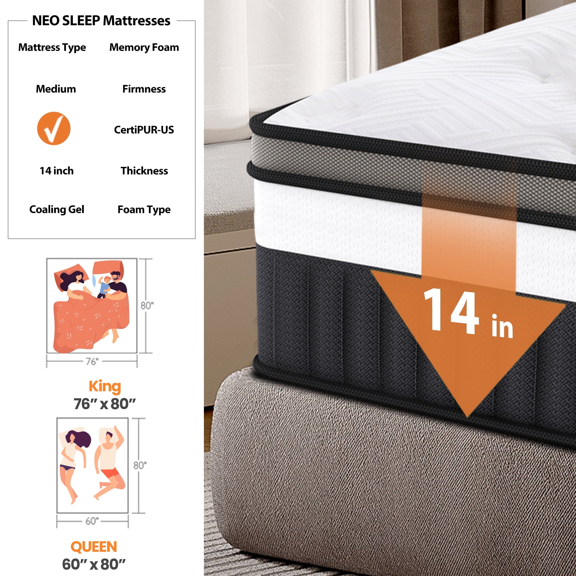 ODYAAZ King Mattress in a Box, 14in Memory Foam Mattress, Motion Isolation, Zoned Pressure Relief, Cooling & Breathable, Gel Infused, Medium Firm Feel, CertiPUR-US Certified