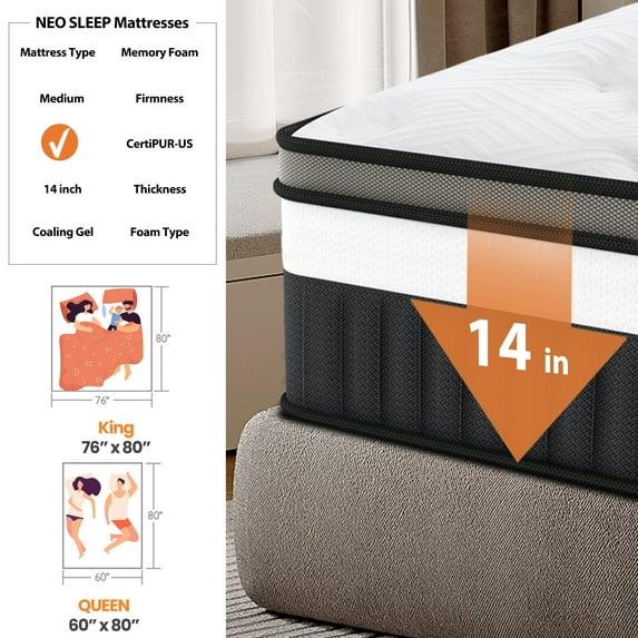 ODYAAZ Queen Mattress in a Box, 14in Queen Size Mattress, Memory Foam Mattress with Cooling Gel, Pocket Springs for Motion Isolation