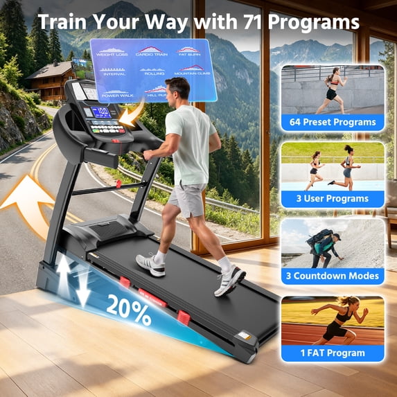 AQUGOKS Auto Incline Folding Treadmill for Home, 400 LBS Capacity, 12 MPH Speed, 20% Automatic Incline, 5HP Motor, 71 Preset Programs, Bluetooth App