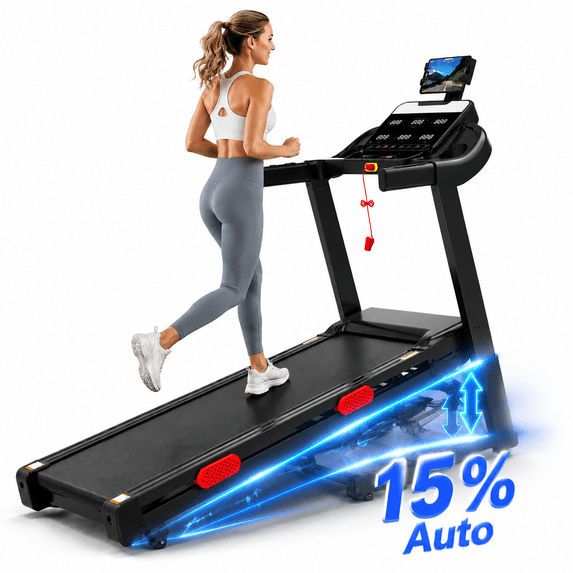 OXIBYPU 9MPH Treadmill with 15% Auto Incline, 3.8 HP Electric Treadmill for Home with Smart APP Control,300-330 lbs Capacity, 105 Programs, Folding Treadmill with Dual Bluetooth Speaker, Pre-assembled 90%