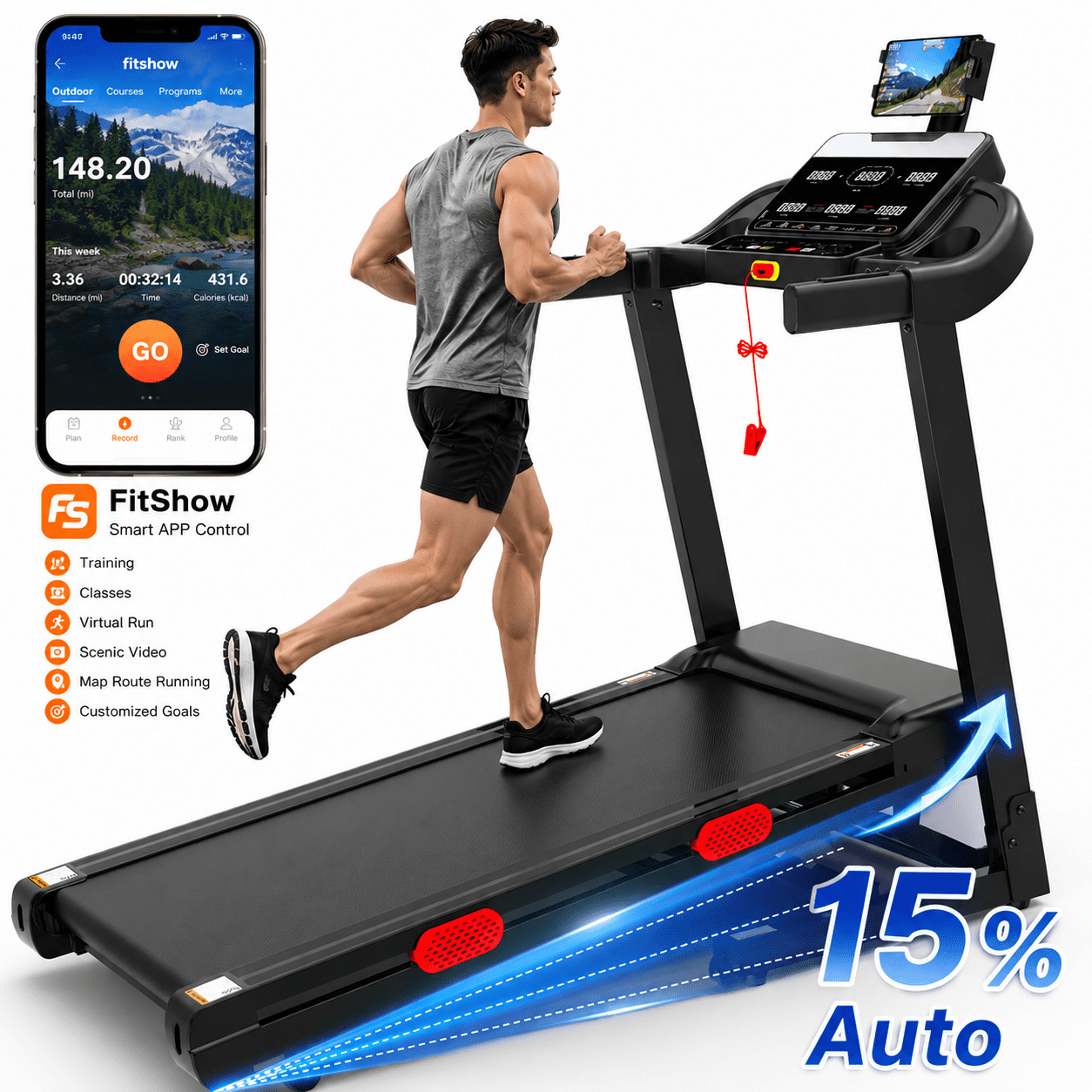 AQUGOKS 9MPH Treadmill with 15% Auto Incline for Home,3.75HP Brushless Motor,330LB Capacity Folding Treadmill,Electric Treadmill, Smart APP Control,105 Programs,Portable Jogging Walking Exercise Equipment