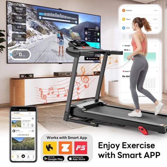 Campmoy 3.0HP Treadmill 300lbs Capacity, 6% Incline Folding Treadmill for Home, 0.6-7.5MPH, 16’’ Wild Belt, Shock Absorption, 64+3+3+1 Program, Running Machine for Home&Office