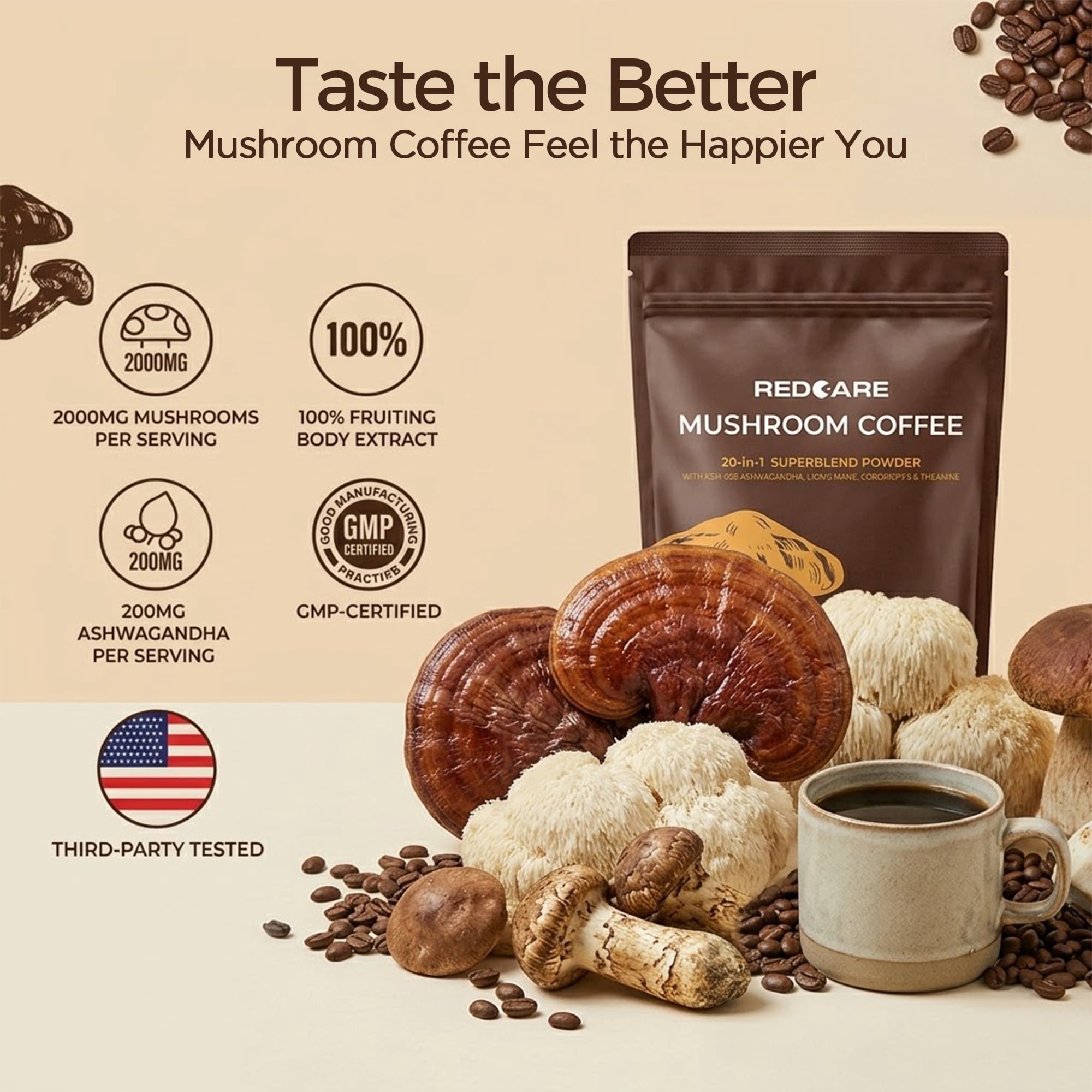 MAJUNES Mushroom Coffee w/ Adaptogenic Mushrooms, Lion's Mane, Cordyceps, Turkey Tail,Reishi, Ashwagandha, L-Theanine,Green Tea, Instant Coffee Powder for Focus, Digestion & Immunity, Fruiting Body, 6.35oz