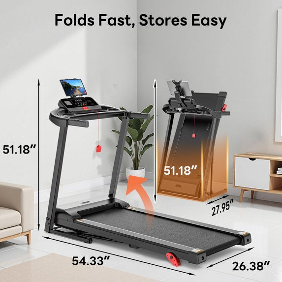 Campmoy 3.0HP Treadmill 300lbs Capacity, 6% Incline Folding Treadmill for Home, 0.6-7.5MPH, 16’’ Wild Belt, Shock Absorption, 64+3+3+1 Program, Running Machine for Home&Office