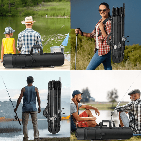 MAJUNES Fishing Bag, Durable Canvas Fishing Rod Bag, Fishing Rod Case Holds 5 Poles and Tackle, Black