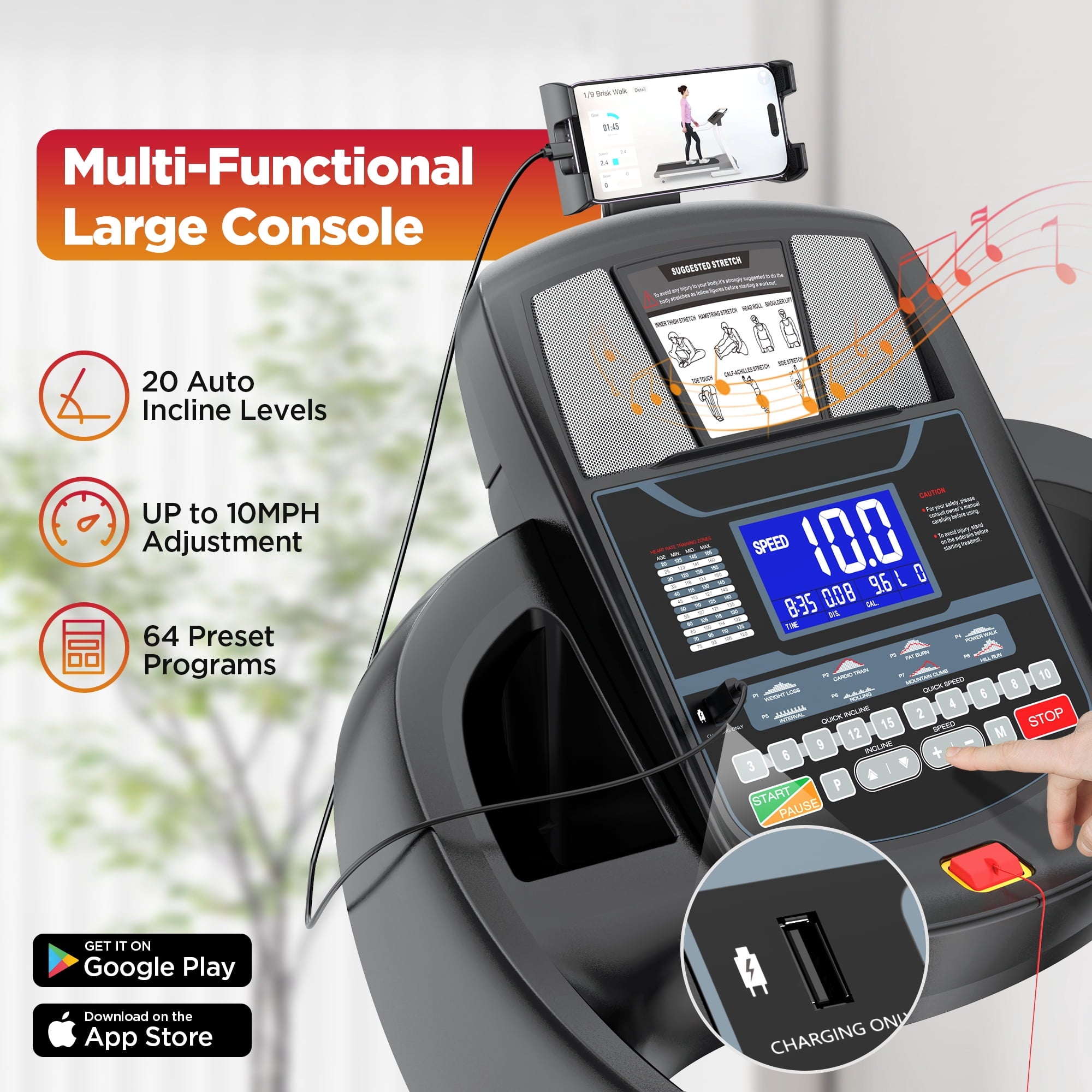 WNANEEZ Folding Treadmill for Home with 4.75HP Motor, 20% Adjustable Incline, APP Control, 71 Programs, LCD Display, 300 lbs Capacity, Bluetooth Speakers, Running Walking Jogging, Knee Straps Gift