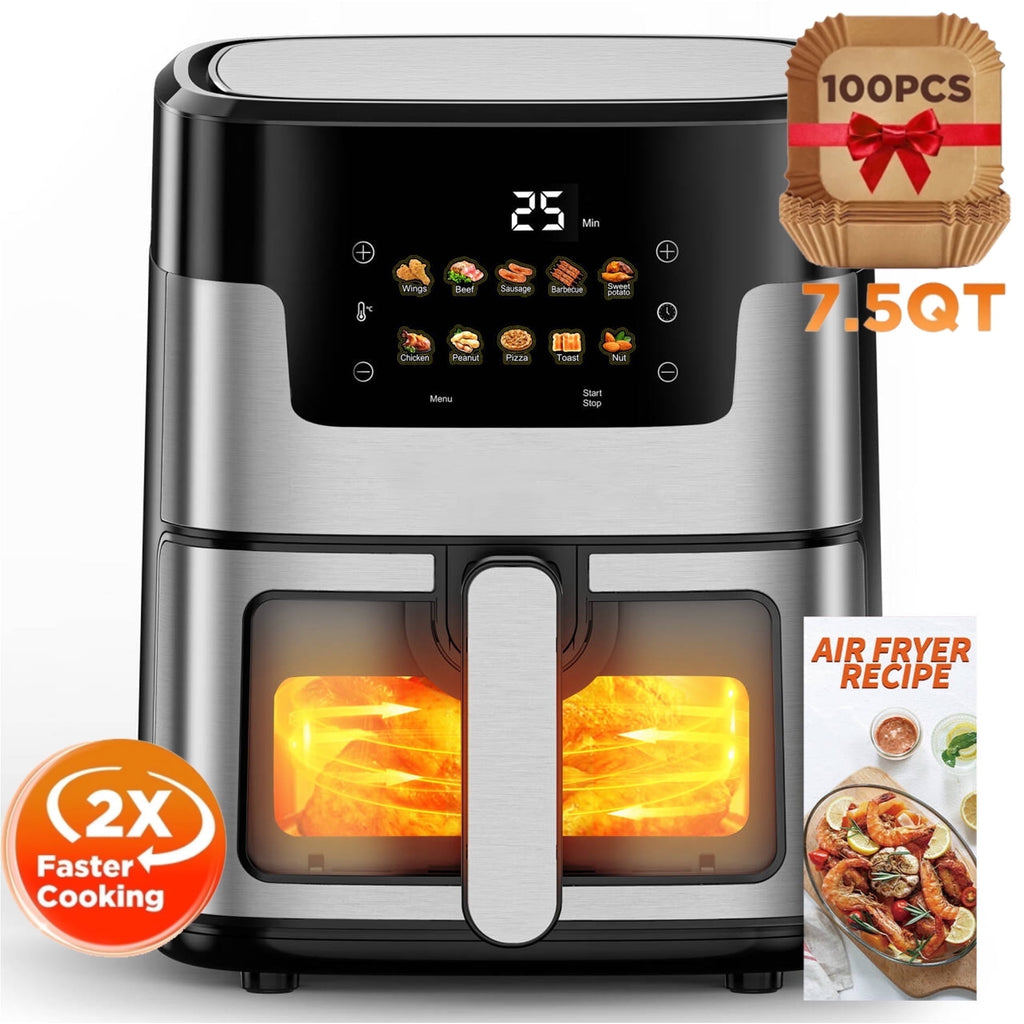 Qvamodo Air Fryer 7.5 QT Large Capacity, 10 in 1 Multifunctional Air Fryer Oven, 10 Preset Cookings, 95% Less Oil, Digital LED Touch Screen, 100Pcs Liner