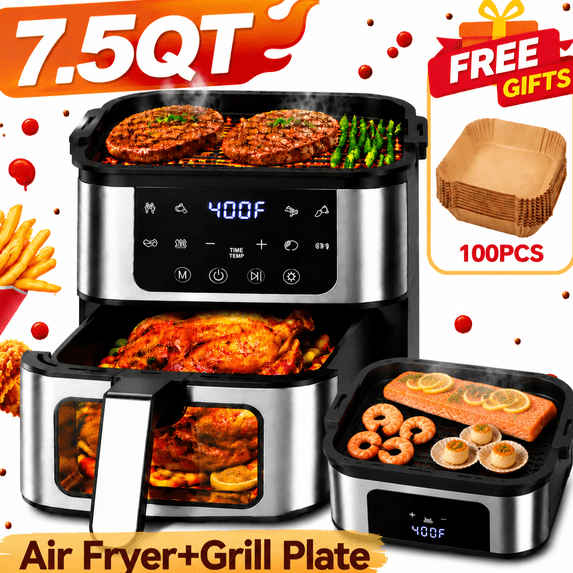ZEJIXO Air Fryer 7.5 QT Large Capacity, 8-in-1 Air Fryer Oven with Grill Plate, Digital LED Touch Screen with Presets, Visible Window & Interior Light, Rapid Air Circulation, 95% Less Oil, Air Fryer Liners