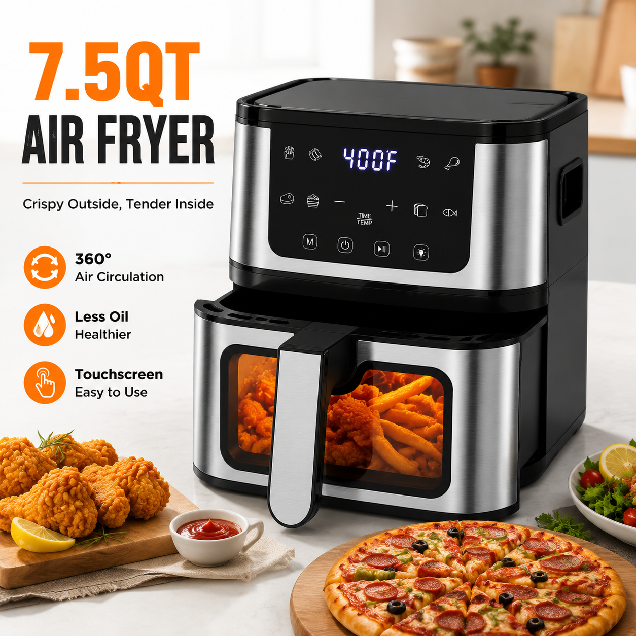 OXIBYPU Air Fryer 7.5 Quart, 2 Functions+8 Programs wirh Grill & Smart Digital Control, Nonstick Basket, Dishwasher Safe, Ideal Air Fryer for Baking, Roasting & Everyday Cooking, 100PCS Liners