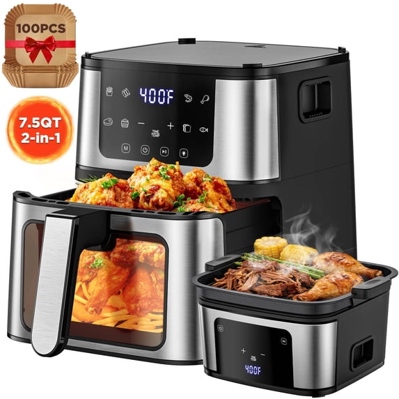 ODYAAZ Air Fryer 7.5QT, 10 Preset Programs Air Fryer Oven, 10-in-1 Digital LED Touch Screen, 95% Less Oil, Dishwasher-Safe, 1400W Fast Heating, Visible Window, Air Fryer with 100Pcs Liner