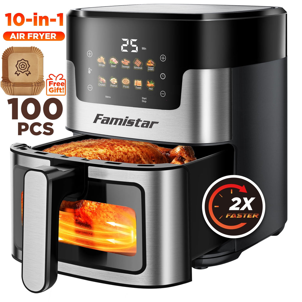 Famistar Air Fryer, 7.5QT Air Fryer Oven Oilless Cooker, 10-in-1 Hot Air Fryers with Digital LED Touch Screen, 10 Preset Cookings, Dishwasher-Safe Basket, Including Air Fryer Paper Liners 100PCS