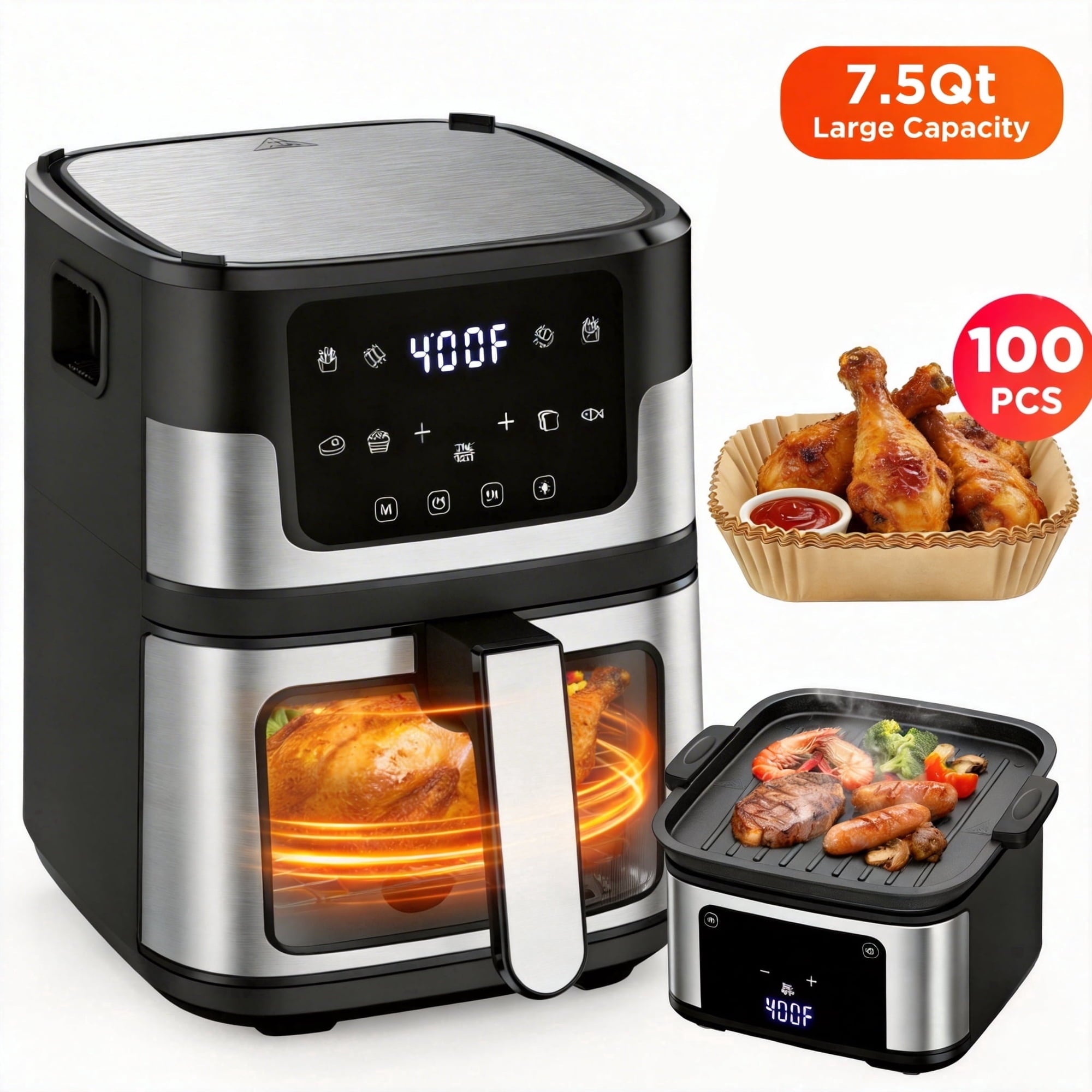 AQUGOKS Air Fryer 7.5QT Oven with 8-in-1 Multi Function, Visible Window and Touchscreen, Versatile Air Fryer for Roasting, Baking, Reheating Healthy Meals, Black, 100 Liners Gift