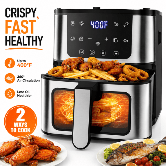 OXIBYPU Air Fryer Cook 2 Foods 2 Ways, 7.5QT Large Capacity, LCD Display Panel, 8 One-Touch Presets for Wings, Chicken, Pizza & More, Perfect Air Fryer for Family Meals of 2–7 People, Black