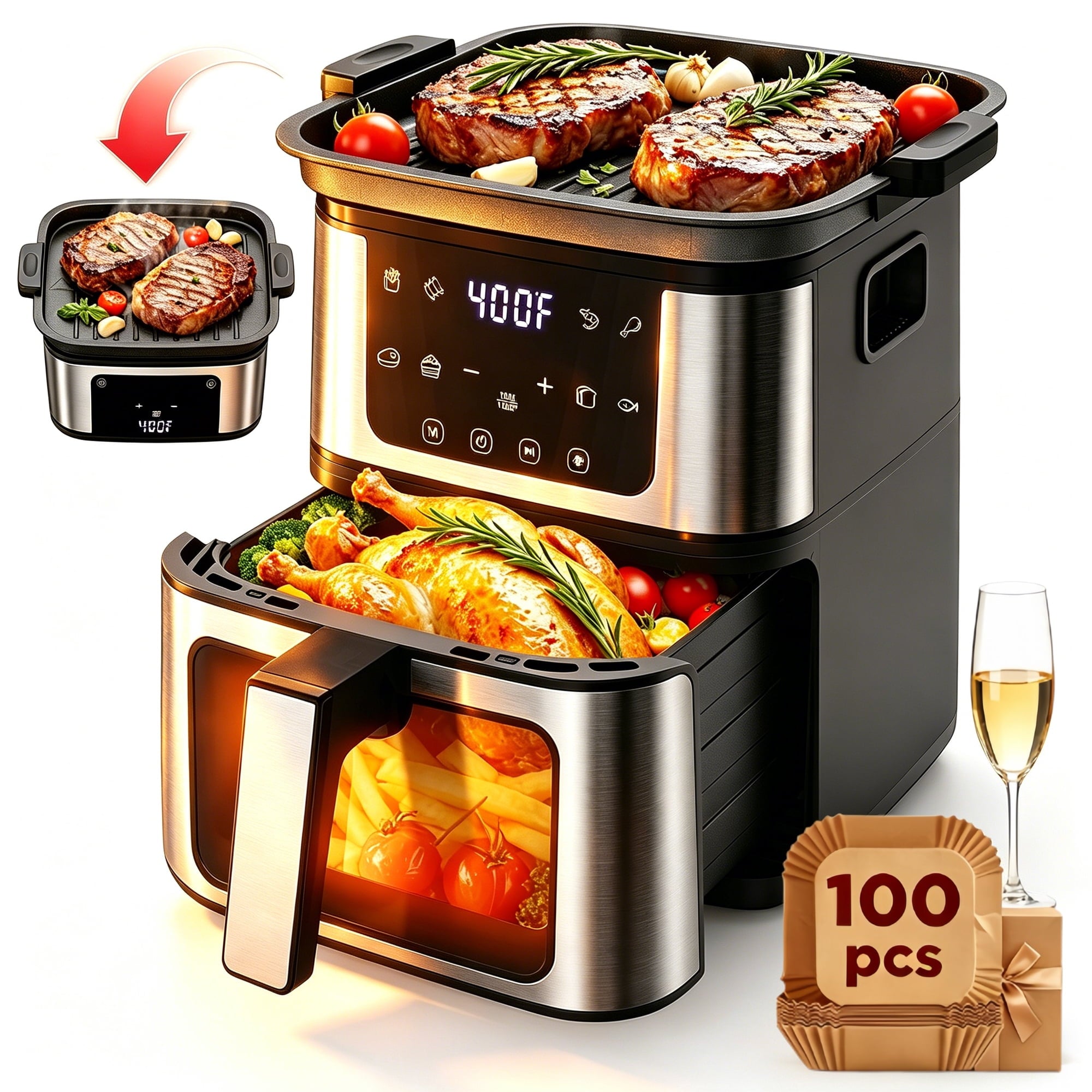 ODYAAZ Air Fryer+Grill Plate, 7.5 Quart 8-in-1 Dual Mode Air Fryer with Window, 120-Min Timer, Max 400°F, Auto Shut Off & Nonstick Dishwasher Safe Basket, Touchscreen Controls, Easy Meals, Black