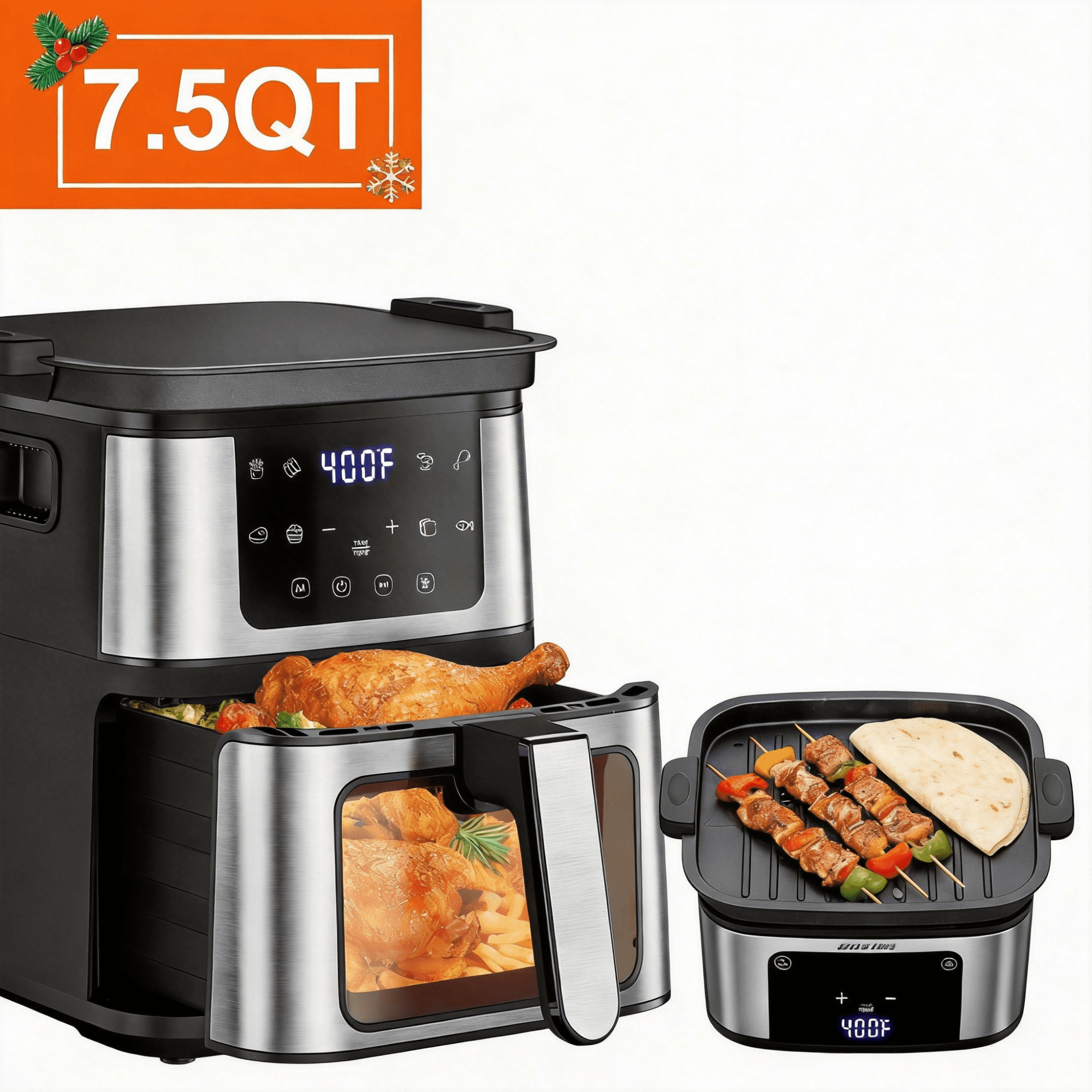AQUGOKS Air Fryer, LED Digital Display with Easy-View Window, 7.5QT for 2-7 People, 1450W Powerful Heating, Nonstick & Dishwasher Safe Frying Basket, 95% Less Oil