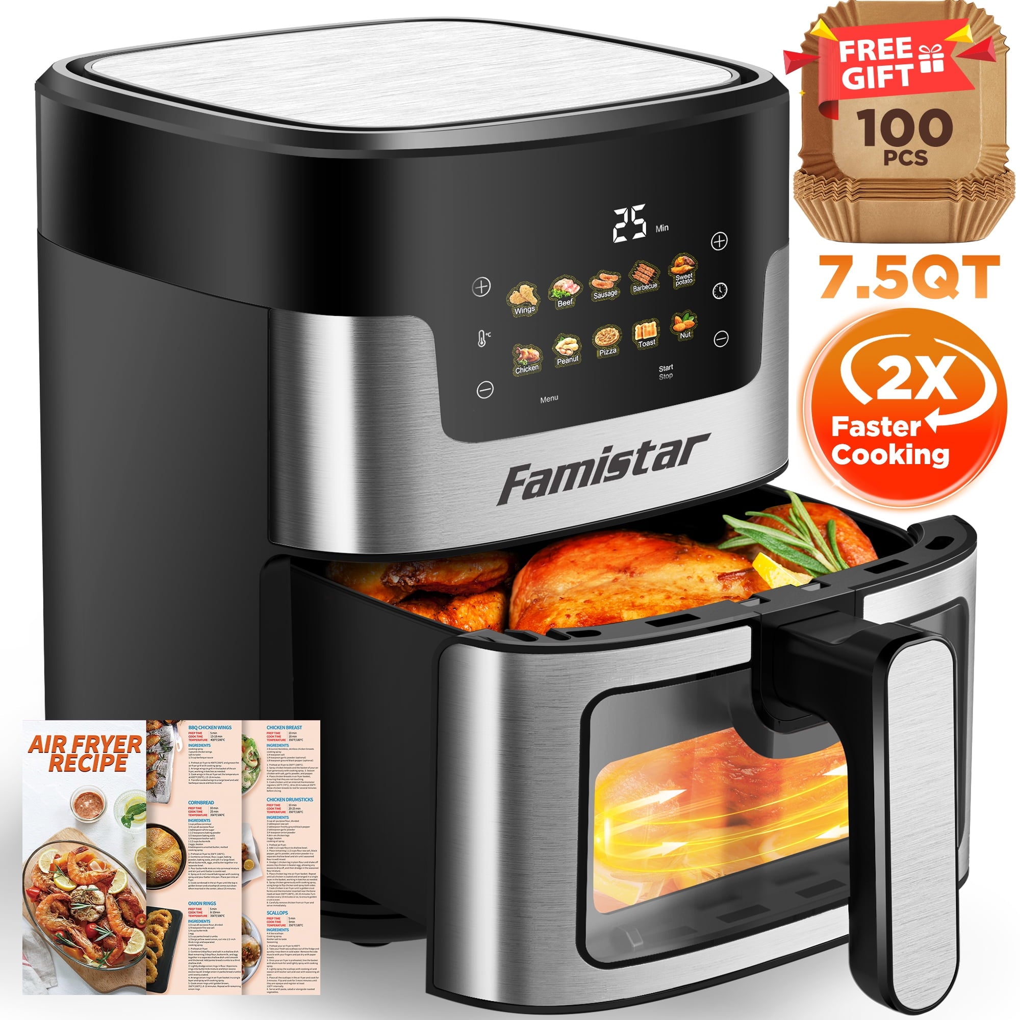 ODYAAZ Air Fryer Oven, 10-in-1 7.5Qt Multifunction Air Fryer with Digital LED Touch Screen, 10 Preset Cookings, Dishwasher-Safe Basket, 95% Less Oil, Nonstick Dishwasher-Safe Basket, 100Pcs Liner