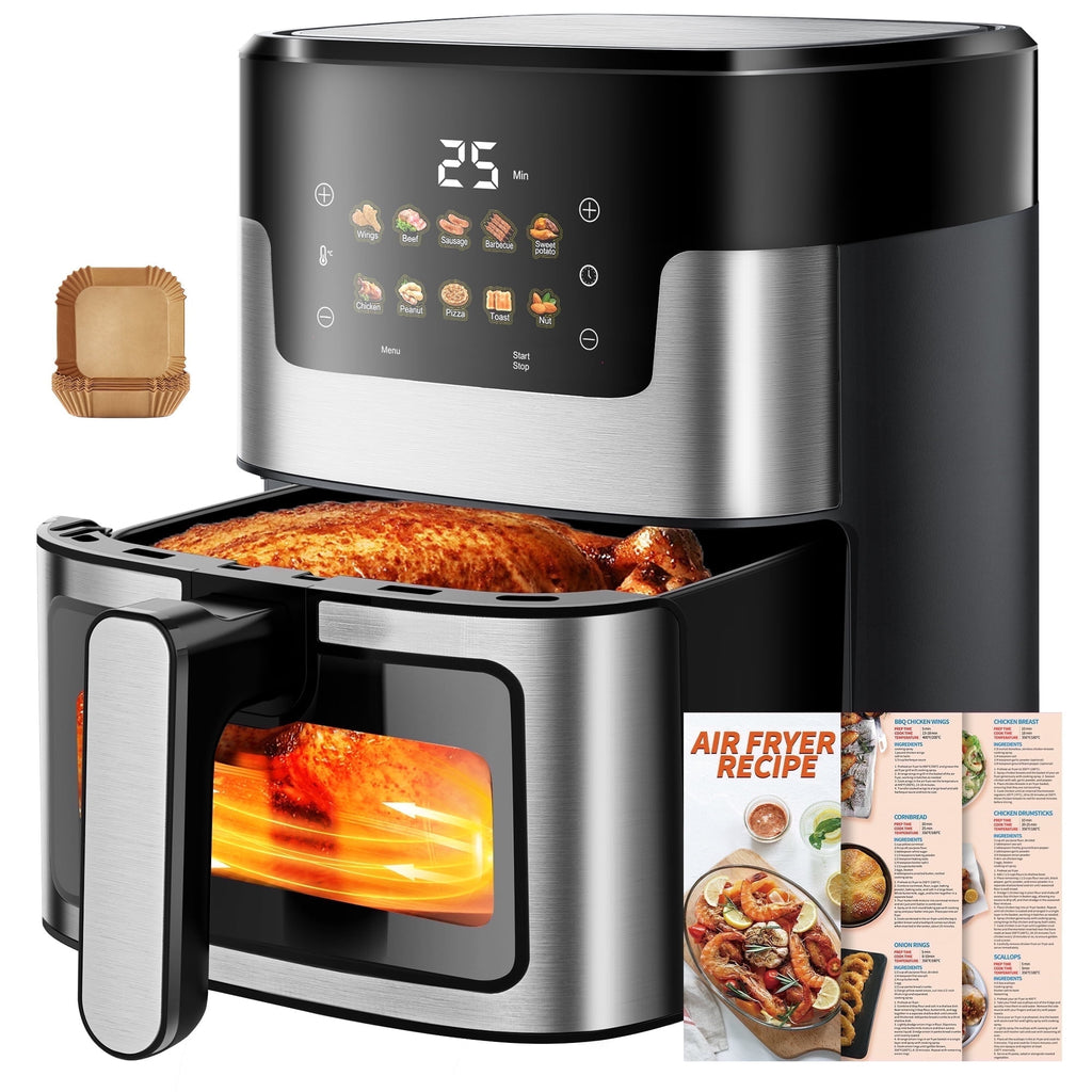 WNANEEZ Air Fryer Oven, 10-in-1 Family Size 7.5Qt Air Fryer with Visible Window & Light, Digital LED Touch Screen, 10 Preset Cookings, 95% Less Oil, Nonstick Easy Clean Basket, 100Pcs Liner
