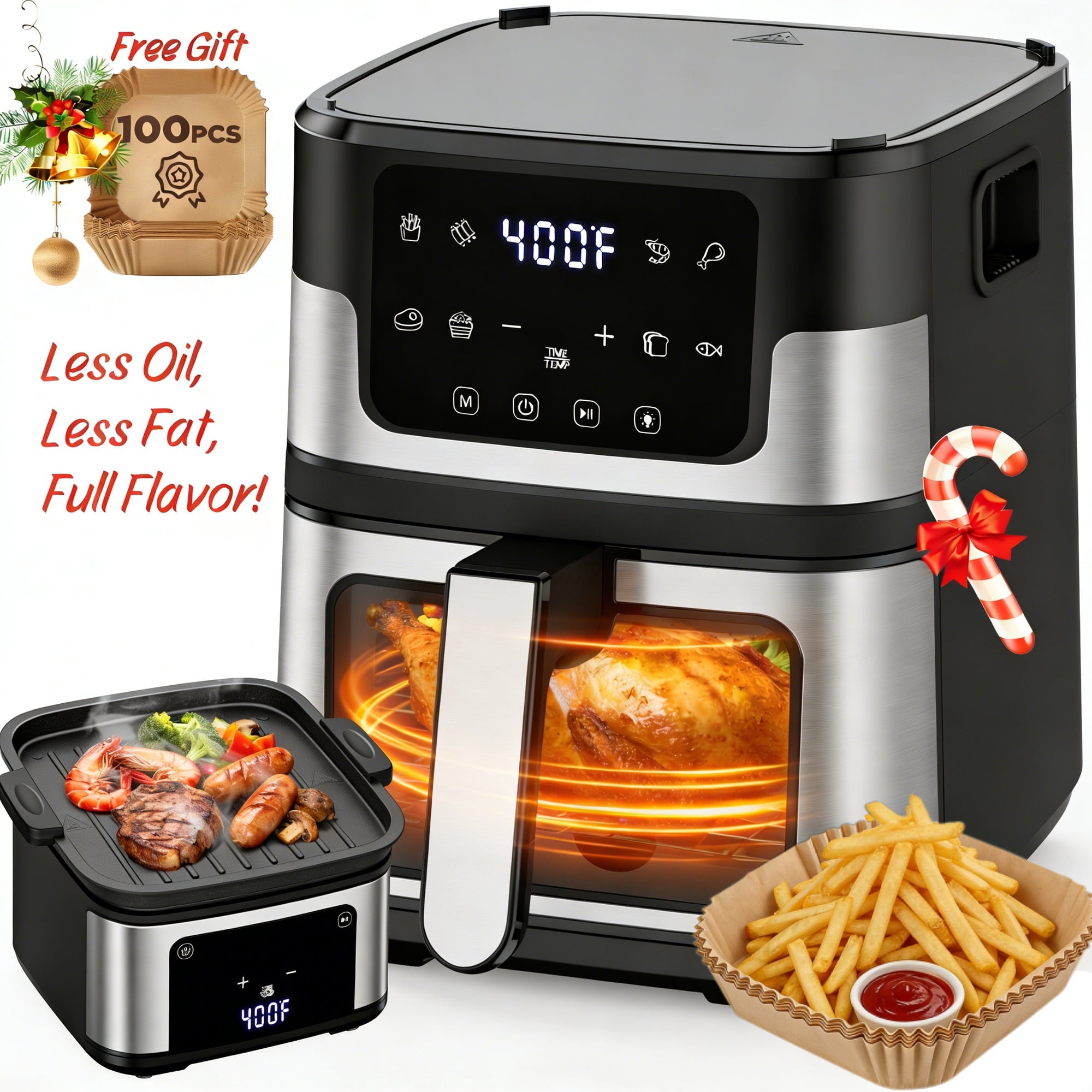 WNANEEZ 7.5Qt Air Fryer Oven + Grill Plate, 8-in-1 Family Size with Visible Window & Light, Digital LED Touch Screen, 10 Preset Cookings, 95% Less Oil, Nonstick Easy Clean Basket, 100Pcs Liner