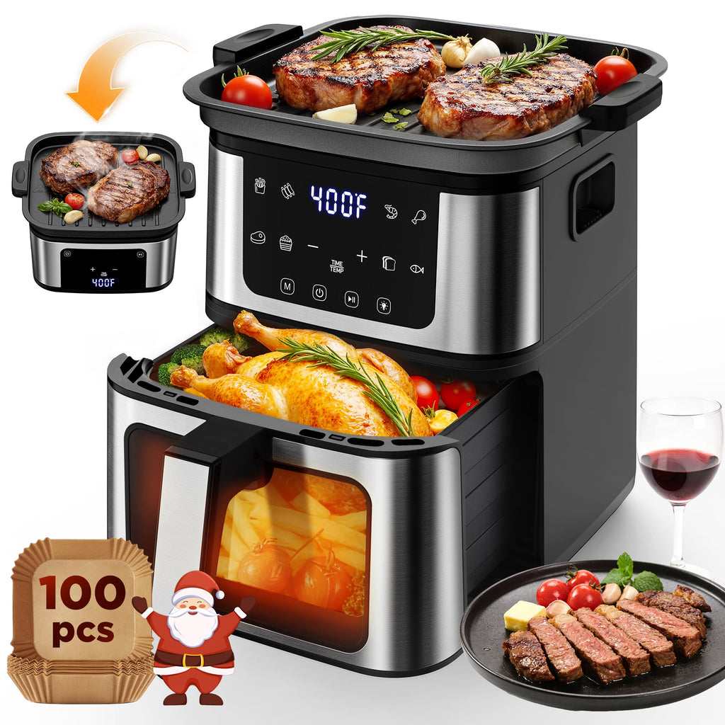 WNANEEZ 7.5Qt Multifunction Air Fryer w/ Digital LED Touch Screen, Steak Searing, 8 Preset Cookings, 95% Less Oil, Nonstick Dishwasher-Safe Basket, Includes 100 Liners